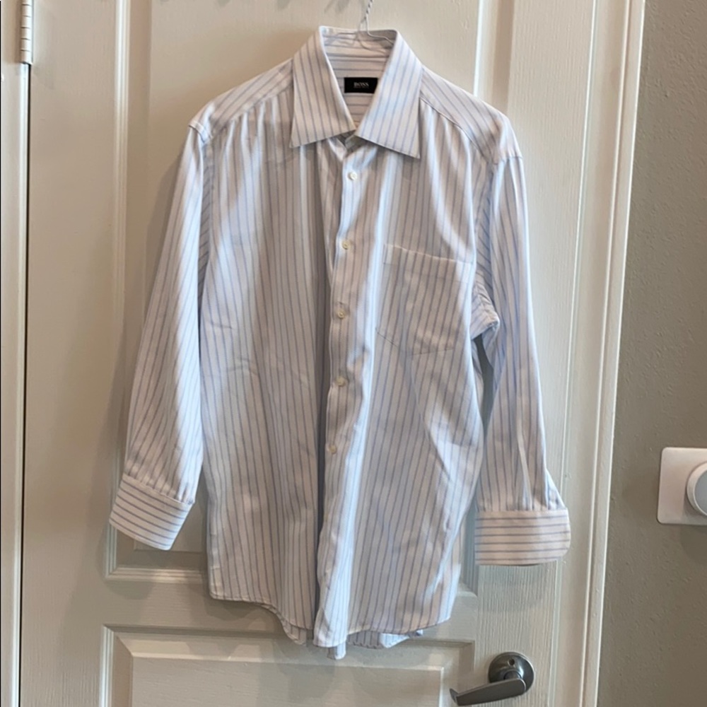 HUGO BOSS MENS DRESS SHIRT BLUE WHITE STRIPED NECK 15.5👔🩵🤍💙